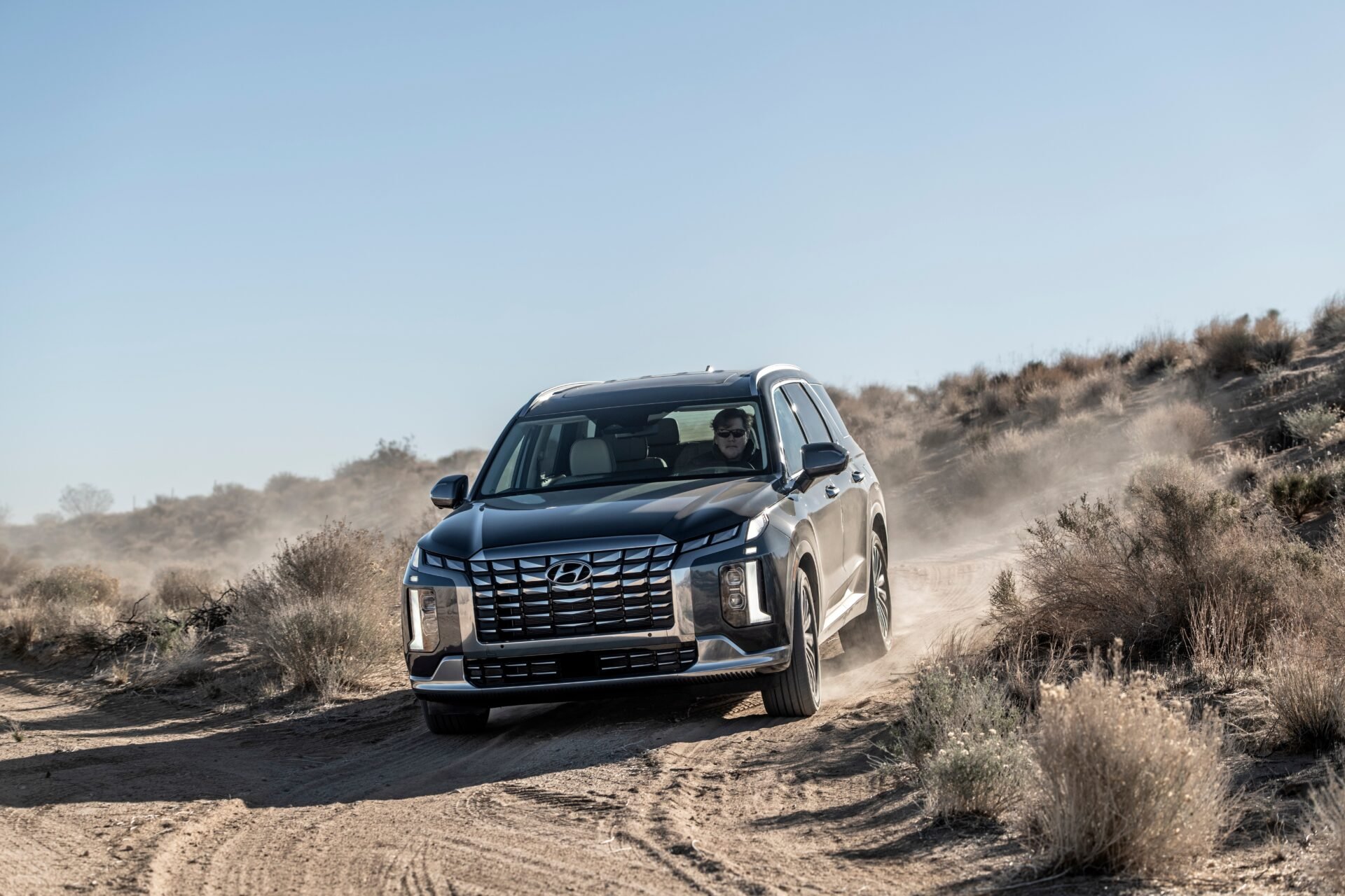 Le Hyundai Palisade sur un chemin de sable.